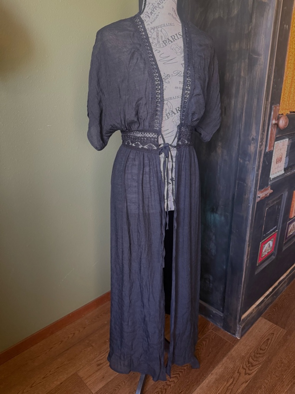 Black Crochet Trim Maxi Duster
